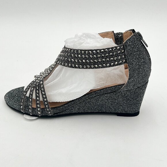 YDN Grey Wedge Glitter Sandals Open Toe Rhinestones Cross Over Straps Mid Heel - Picture 2 of 6